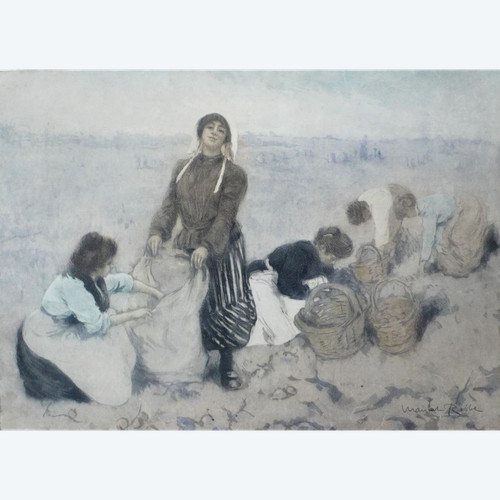 Manuel Robbe Potato Pickers Aquatint Color 20th C Old Print