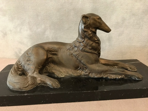 Greyhound dog in spelter on black marble base circa 1900