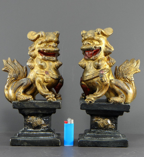 China, First Half of the 20th Century, Pair Of Polychrome Temple Guardian Lions.