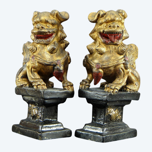 China, First Half of the 20th Century, Pair Of Polychrome Temple Guardian Lions.