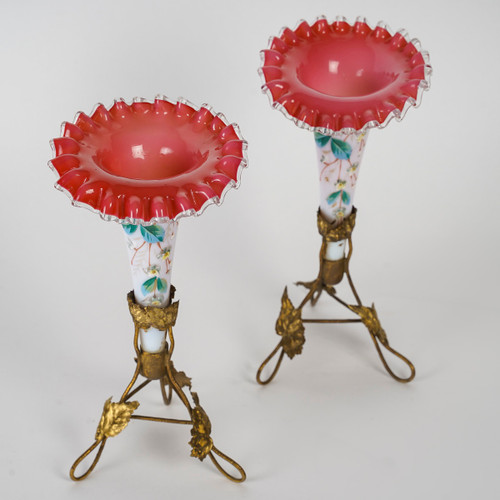 A Pair Of Cornet Shape Vases In Opaline Late 19th Century