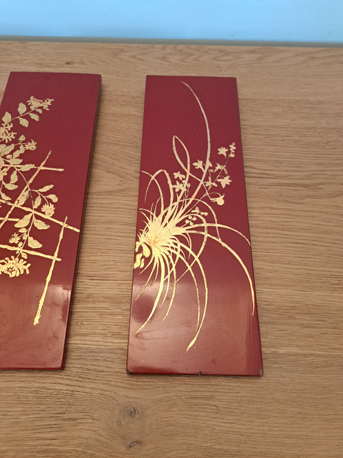 Thanh Lap, 4 Panels , Red And Gold Lacquer , Plants , XX°.