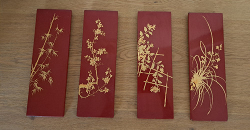 Thanh Lap, 4 Panels , Red And Gold Lacquer , Plants , XX°.