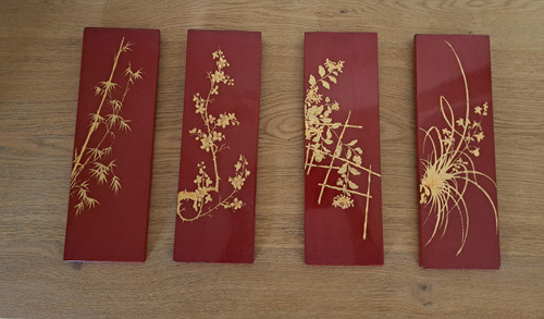 Thanh Lap, 4 Panels , Red And Gold Lacquer , Plants , XX°.