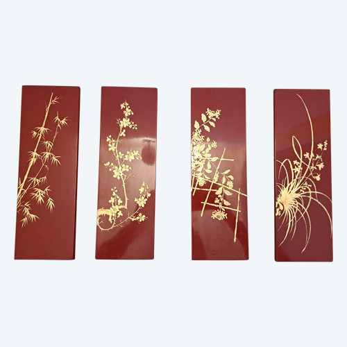 Thanh Lap, 4 Panels , Red And Gold Lacquer , Plants , XX°.