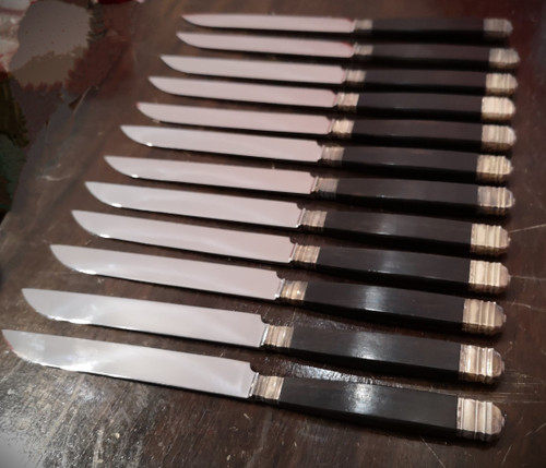 12 table knives + 12 Christofle entremets knives art deco model blackened wood handles