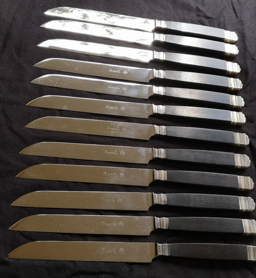 12 table knives + 12 Christofle entremets knives art deco model blackened wood handles