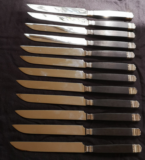 12 table knives + 12 Christofle entremets knives art deco model blackened wood handles