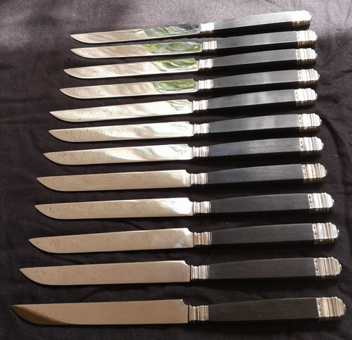 12 table knives + 12 Christofle entremets knives art deco model blackened wood handles