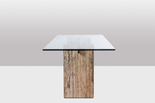 Console, or desk, in glass and travertine. 1980s. LS5849657C