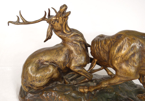 Skulptur Bronze Thomas François Cartier Kampf Der Hirsche Animalier XX.