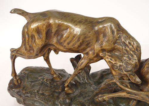 Skulptur Bronze Thomas François Cartier Kampf Der Hirsche Animalier XX.