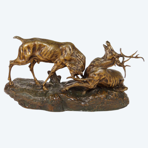 Skulptur Bronze Thomas François Cartier Kampf Der Hirsche Animalier XX.