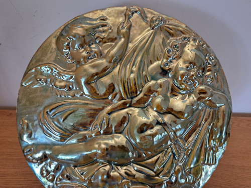 Tondo / Round plate , Two Putti , Glazed ceramic , End of XIX°.