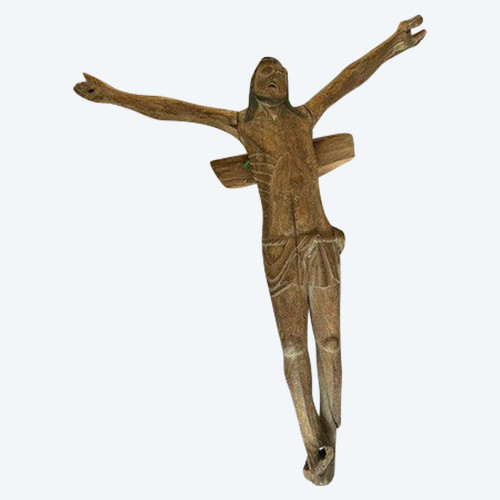 Christ de la crucifixion figure sculptée en bois avec traces de polychromie