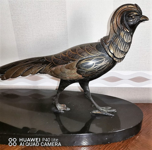 Art Deco sculpture of a gilded pheasant on a marble base, signed ( Salvatore Mélanie )