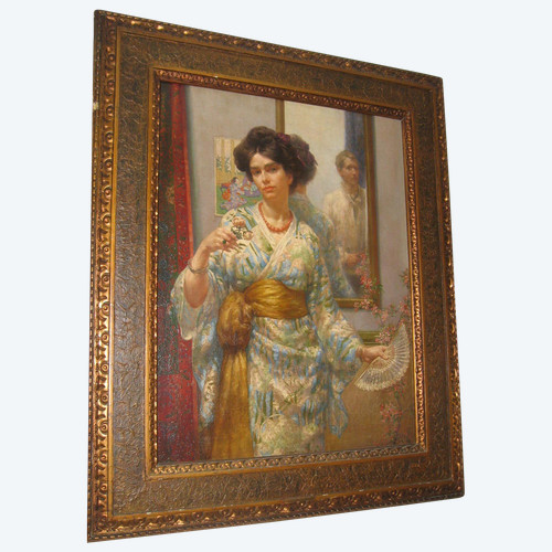 Large painting of a woman in Japanese costume and aut Portait Du Peintre dans le miroir (Portrait of the painter in the mirror)