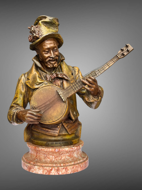 PIETRO CALVI 1833 - 1884 "THE MINSTREL" MAN PLAYING THE BANJO IN PATINATED STONEWARE