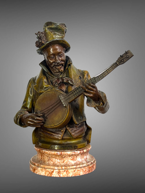 PIETRO CALVI 1833 - 1884 "THE MINSTREL" MAN PLAYING THE BANJO IN PATINATED STONEWARE