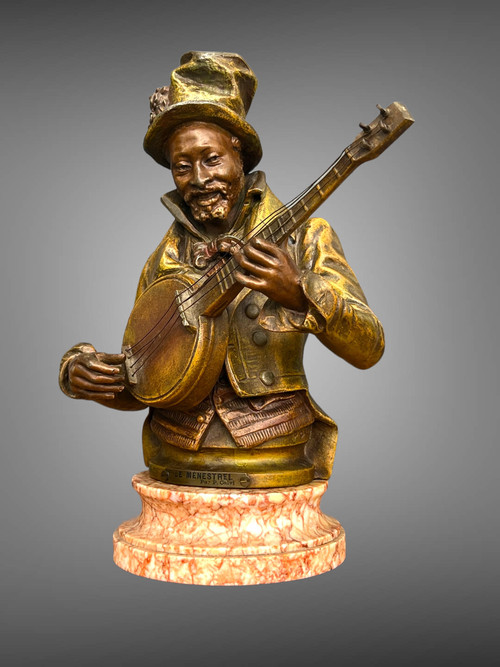 PIETRO CALVI 1833 - 1884 "THE MINSTREL" MAN PLAYING THE BANJO IN PATINATED STONEWARE