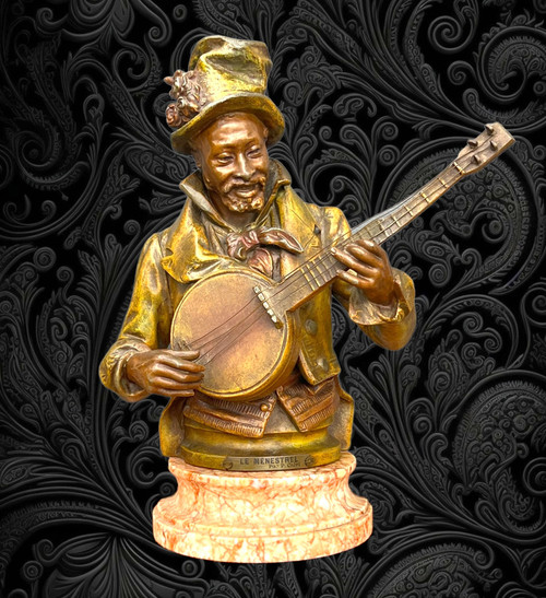 PIETRO CALVI 1833 - 1884 "THE MINSTREL" MAN PLAYING THE BANJO IN PATINATED STONEWARE