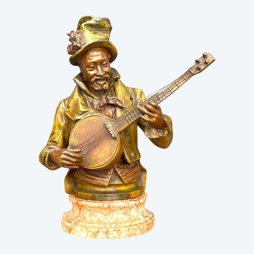 PIETRO CALVI 1833 - 1884 "THE MINSTREL" MAN PLAYING THE BANJO IN PATINATED STONEWARE