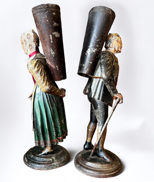 Rare Pair Of Figurative Vases In Painted Sheet Metal - Switzerland Late 18th Century Early 19th Century - Empire 