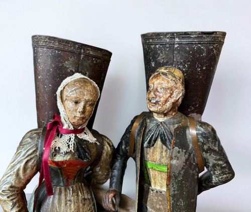 Rare Pair Of Figurative Vases In Painted Sheet Metal - Switzerland Late 18th Century Early 19th Century - Empire 