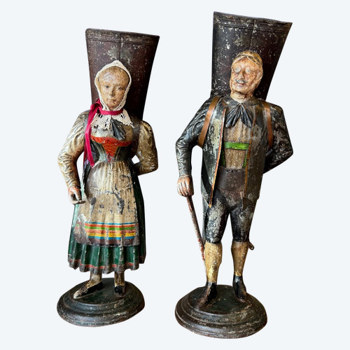 Rare Pair Of Figurative Vases In Painted Sheet Metal - Switzerland Late 18th Century Early 19th Century - Empire 