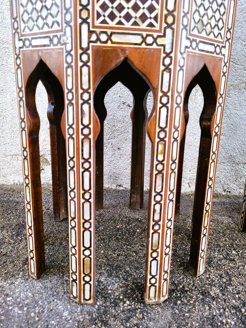 Pair Of Oriental Marquetry Pedestal Tables, 20th Century