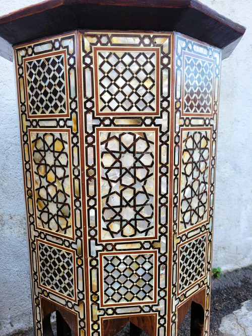 Pair Of Oriental Marquetry Pedestal Tables, 20th Century