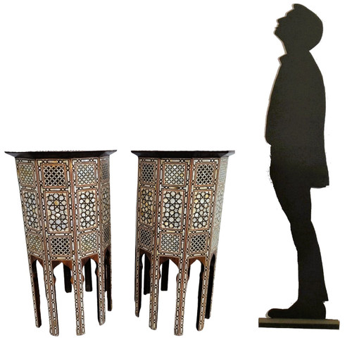 Pair Of Oriental Marquetry Pedestal Tables, 20th Century