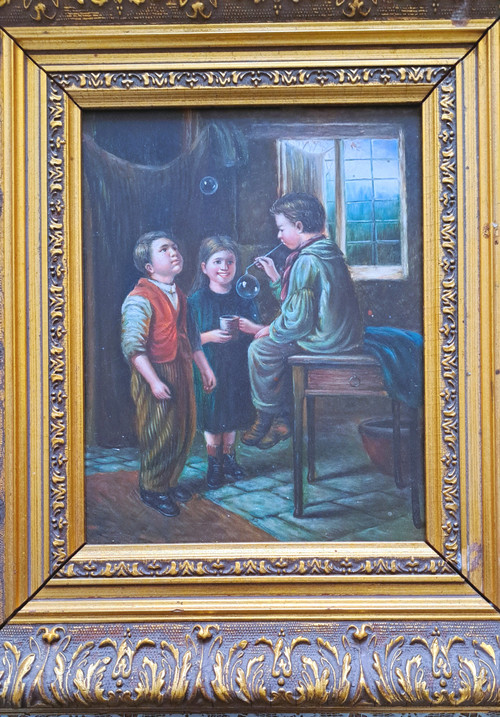 Oil painting on framed wooden panel scene group of 3 children blowing bubbles