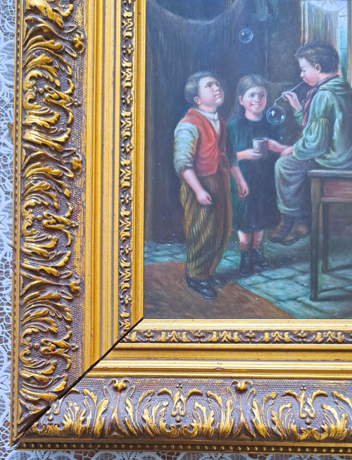 Oil painting on framed wooden panel scene group of 3 children blowing bubbles