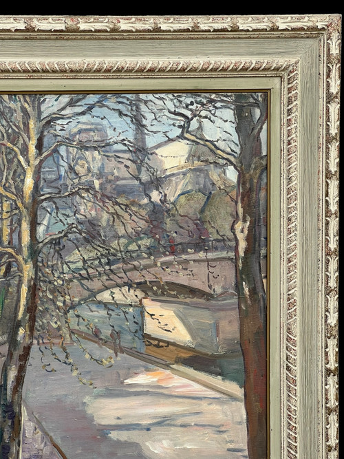 GRAND TABLEAU / HUILE SUR TOILE DATÉE 1965 / " QUAI DE MONTEBELLO A PARIS "