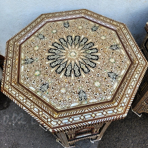 Pair Of Tall And Large Oriental Pedestal Tables In Marquetry, 20th Century