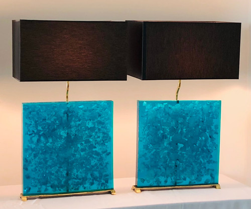 Lampes en résine fractale turquoise, années 80