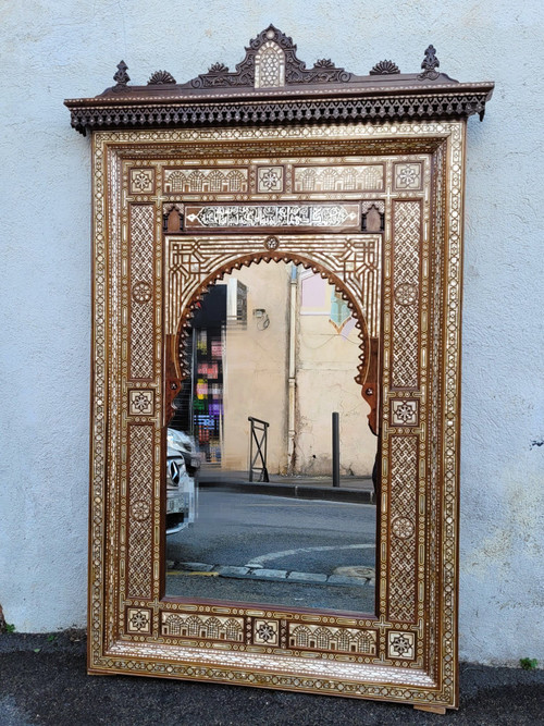 Large Oriental Mirror In Marquetry, 20th Century