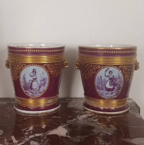 Old Paris, Louis Philippe period, Napoleon III - large pair of flower pots - purple and rich background