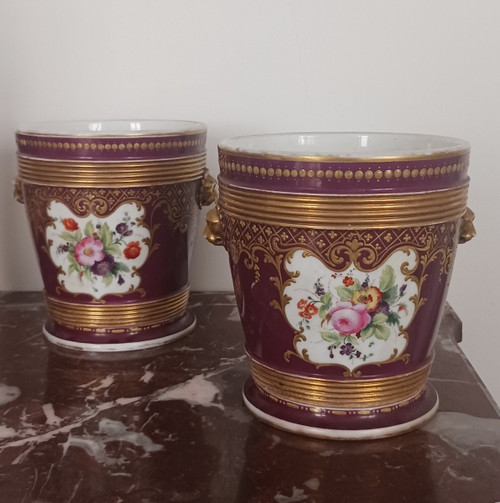 Old Paris, Louis Philippe period, Napoleon III - large pair of flower pots - purple and rich background