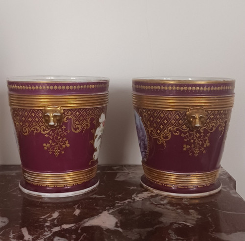 Old Paris, Louis Philippe period, Napoleon III - large pair of flower pots - purple and rich background