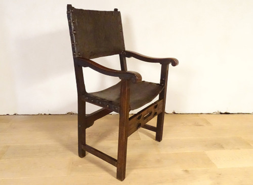 Armchair High Arm Chair Period Carved Walnut Embossed Leather 17th Century