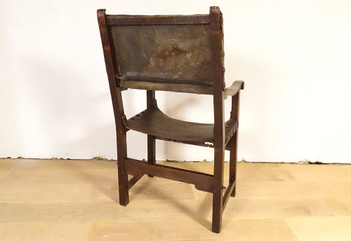 Armchair High Arm Chair Period Carved Walnut Embossed Leather 17th Century