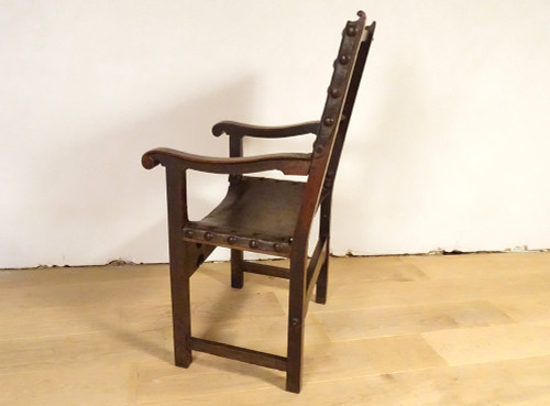 Armchair High Arm Chair Period Carved Walnut Embossed Leather 17th Century