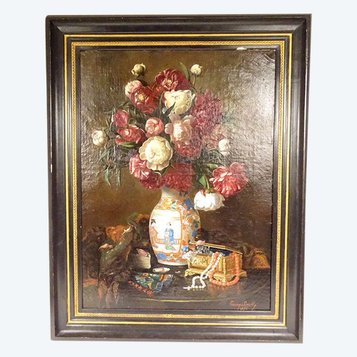 Large HST Georges Deully Still Life Peonies Vase Jewelry Box 1876