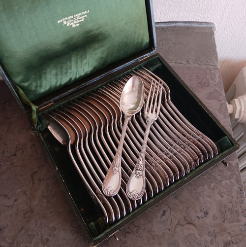 Christofle, Trianon model - box of 12 table spoons and forks - silver metal