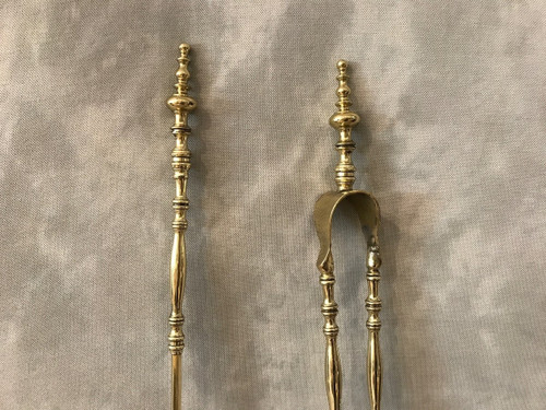 Set of a 19th century brass shovel and fireplace tongs 