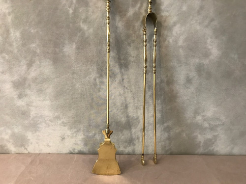 Set of a 19th century brass shovel and fireplace tongs 