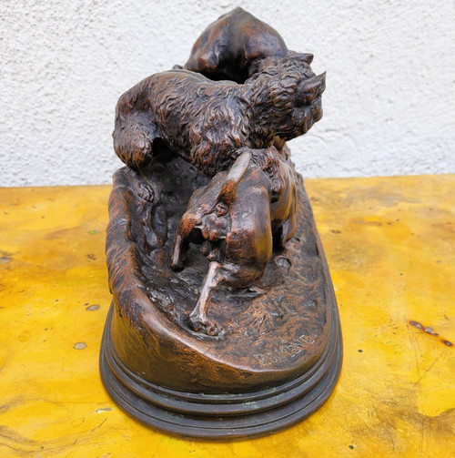 Pj Mêne, Rabbit Hunting, Signed Bronze, 19th Century