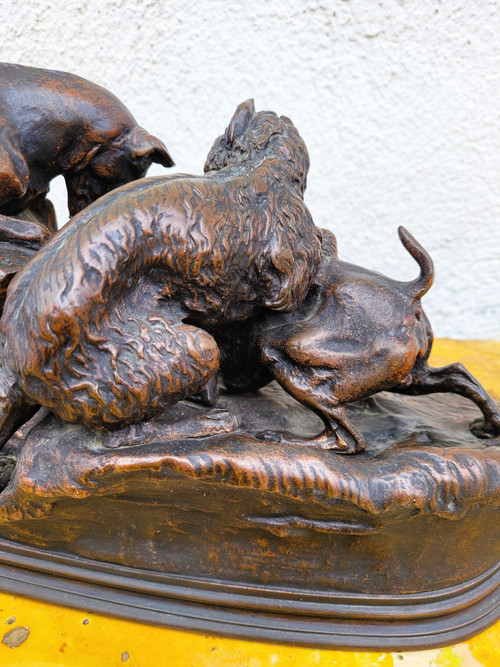 Pj Mêne, Rabbit Hunting, Signed Bronze, 19th Century